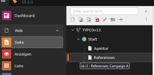 Screenshot aus dem TYPO3 Backend mit der Seitenbaumübersicht. Vor einer Seite ist ein oranger Balken als Markierung. Darstellung des zusätzlichen Title Popups mit dem Text "id=3 - Referenzen; Campaign A