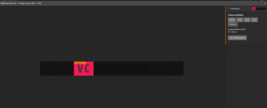 Screenshot von dem Bildeditor. Logo der VisionConnect GmbH als SVG Grafik mit darüber gelegter Schnittmaske